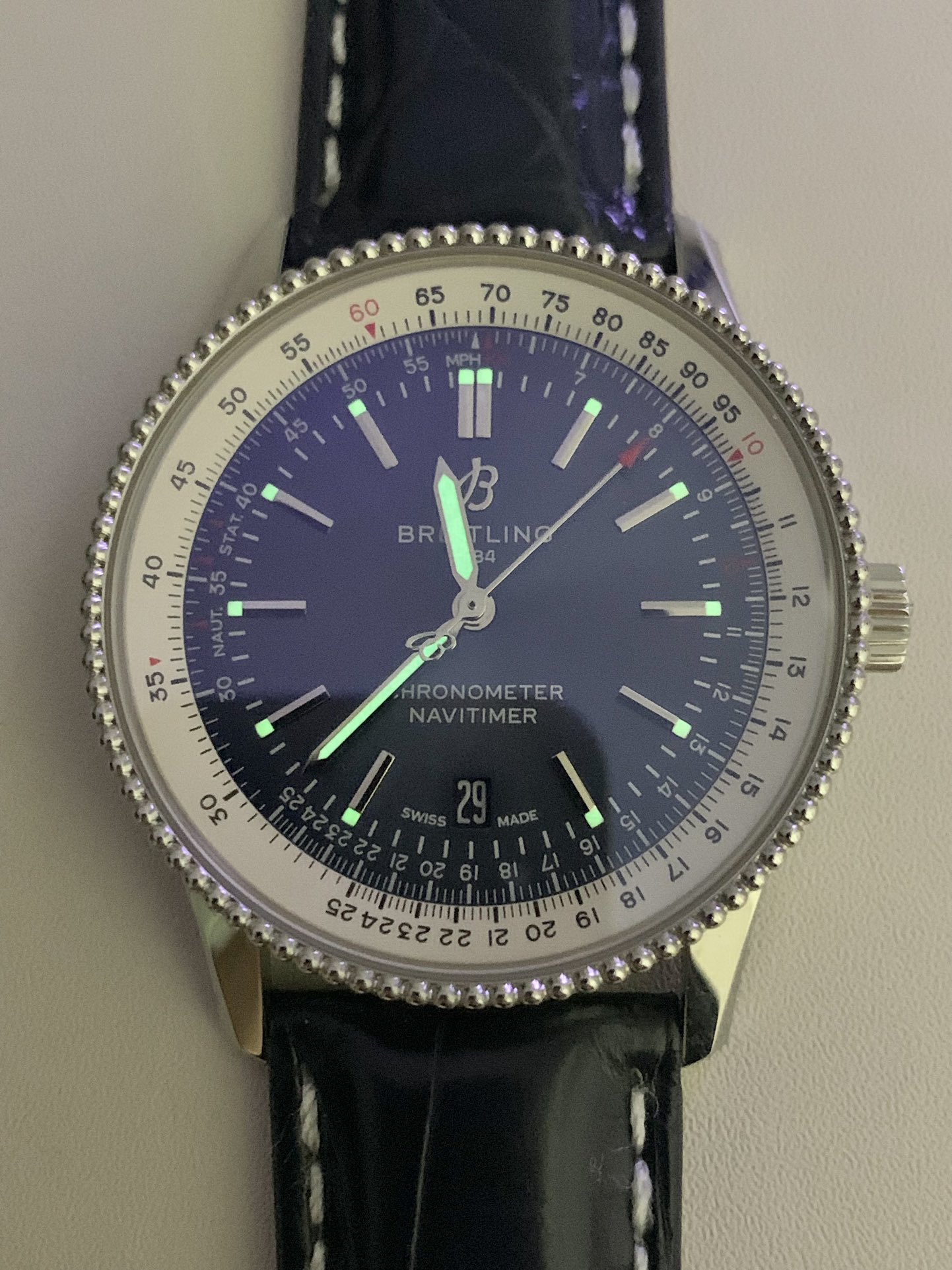 Breitling-Navitimer 1 41mm Date Stainless Steel/Leather Blue TF A2824 Automatic - Image 10