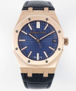 Audemars Piguet-Royal Oak 41mm 15510 Rose Gold/Leather Blue Dial Stick Markers APSF A4302 Automatic