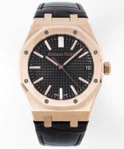 Audemars Piguet-Royal Oak 41mm 15510 Rose Gold/Leather Black Dial Stick Markers APSF A4302 Automatic