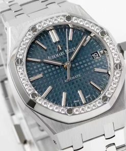Alternative view of Audemars Piguet-Royal Oak 15451 37mm Diamonds Stainless Steel/Steel Blue Dial APSF SA3120 Automatic