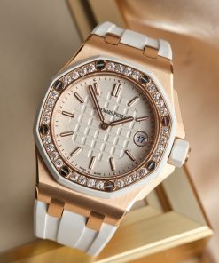 Audemars Piguet-Royal Oak Offshore Diver Ladies 67540 37mm Diamonds Rose Gold/Rubber White Swiss Quartz