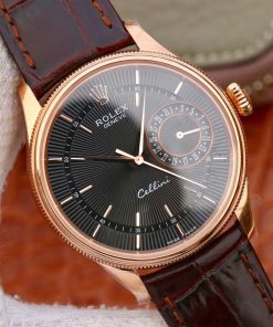 Alternative view of Rolex-Cellini Date 39mm Rose Gold/Leather Black Dial Stick Markers MKSF AS3165 Automatic
