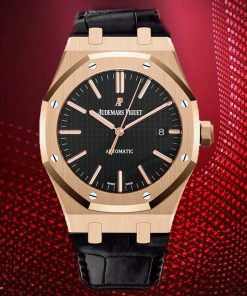 Audemars Piguet-Royal Oak 15400 41mm Rose Gold/Leather Black Dial/Stick Markers APSF SA3120 Automatic