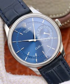 Alternative view of Rolex-Cellini Date 39mm Stainless Steel/Leather Blue Dial Stick Markers MKSF AS3165 Automatic