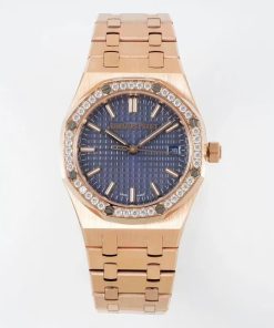 Audemars Piguet-Royal Oak Ladies 77351 34mm Diamonds Rose Gold/Rose Gold Blue Dial BF A5800 Automatic