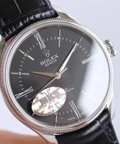Alternative view of Rolex-Cellini Time 50505 39mm Stainless Steel/Leather Black Dial Stick/Roman Markers MKSF AS3132 Automatic