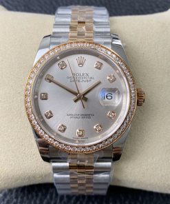 Rolex-Datejust 116201 36mm Jubilee Diamonds Rose Gold/Steel Silver Dial Diamond Markers EWF VR3235 Automatic