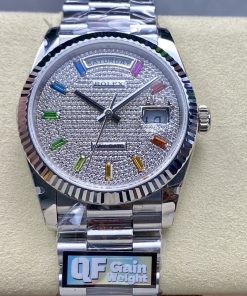 Rolex-DayDate 128239 36mm President Stainless Steel/Steel Diamonds Dial Rainbow Diamonds Markers QF A2836 Automatic(Gain Weight)