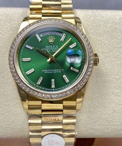 Rolex-DayDate 128348 36mm President Diamonds Yellow Gold/Yellow Gold Green Dial Baguette Markers 8+F VR3255 Automatic