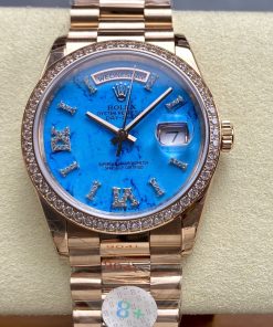 Rolex-DayDate 128348 36mm President Diamonds Rose Gold/Rose Gold Vibrant Turquoise Dial Diamonds Roman Markers 8+F VR3255 Automatic