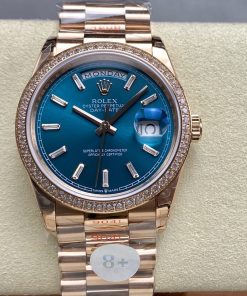 Rolex-DayDate 128348 36mm President Diamonds Rose Gold/Rose Gold Blue Dial Baguette Markers 8+F VR3255 Automatic