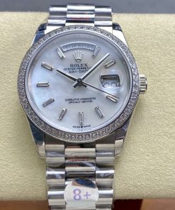 Rolex-DayDate 128396 36mm President Diamonds Stainless Steel/Steel Mother-Of-Pearl Dial Baguette Markers 8+F VR3255 Automatic
