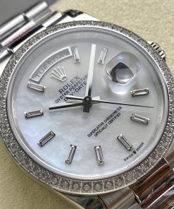 Alternative view of Rolex-DayDate 128396 36mm President Diamonds Stainless Steel/Steel Mother-Of-Pearl Dial Baguette Markers 8+F VR3255 Automatic