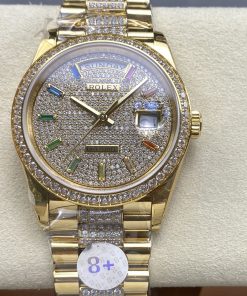 Rolex-DayDate 128348 36mm President Diamonds Yellow Gold/Yellow Gold Diamonds Paved Dial Rainbow Baguette Markers 8+F VR3255 Automatic