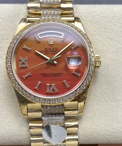 Rolex-DayDate 128348 36mm President Diamonds Yellow Gold/Yellow Gold Carnelian Orange Dial Roman Markers 8+F VR3255 Automatic