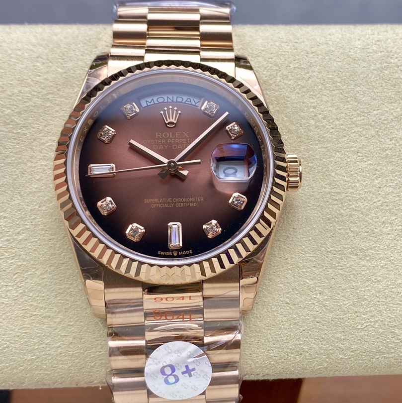 Rolex-DayDate 128235 36mm President Rose Gold/Rose Gold Gradient Brown Dial Diamonds Markers 8+F VR3255 Automatic