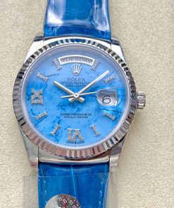 Rolex-DayDate 128238 36mm President Stainless Steel/Leather Turquoise Dial Diamonds Roman Markers 8+F VR3255 Automatic