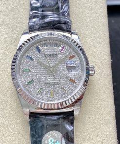 Rolex-DayDate 128238 36mm President Stainless Steel/Leather Diamonds Paved Dial Rainbow Baguette Markers 8+F VR3255 Automatic