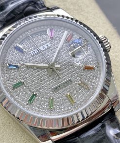 Alternative view of Rolex-DayDate 128238 36mm President Stainless Steel/Leather Diamonds Paved Dial Rainbow Baguette Markers 8+F VR3255 Automatic