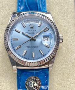 Rolex-DayDate 128238 36mm President Stainless Steel/Leather Ice Blue Dial Stick Markers 8+F VR3255 Automatic