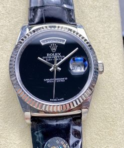 Rolex-DayDate 128238 36mm President Stainless Steel/Leather Black Onyx Dial No Markers 8+F VR3255 Automatic