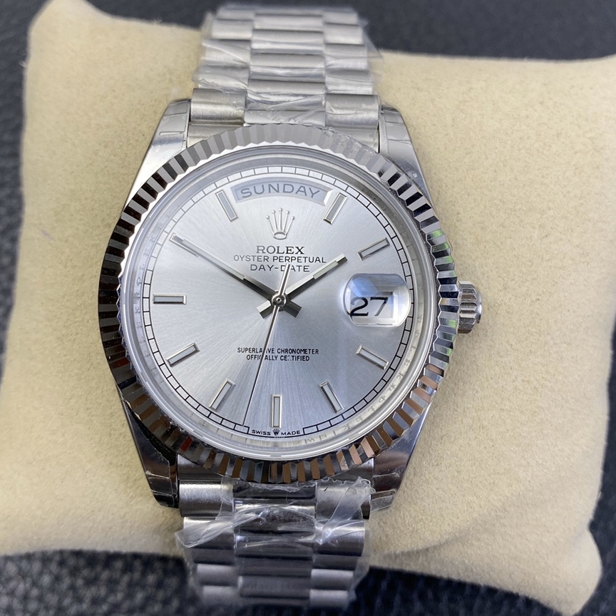 Rolex-DayDate 228236 40mm President Stainless Steel/Steel Silver Dial Stick Markers BPF VR3255 Automatic