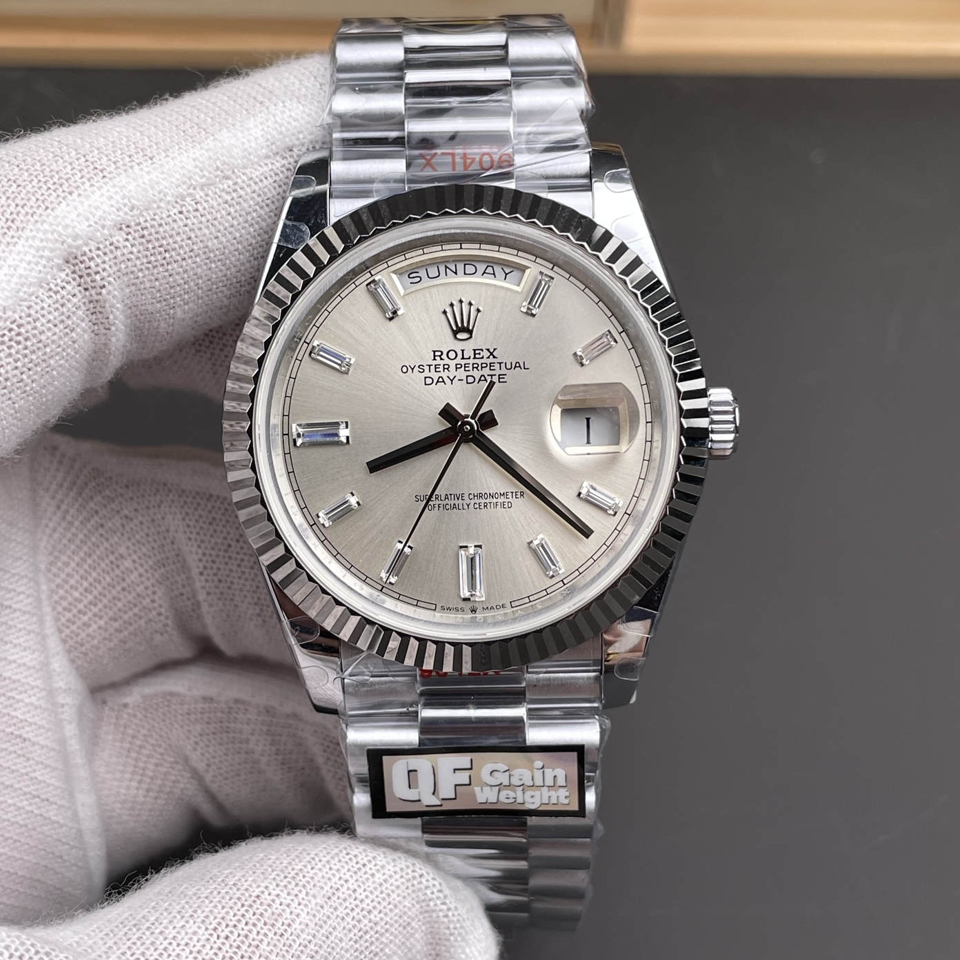 Rolex-DayDate 128239 36mm President Stainless Steel/Steel Champagne Gold Dial Baguette Diamonds Markers QF A2836 Automatic(Gain Weight)