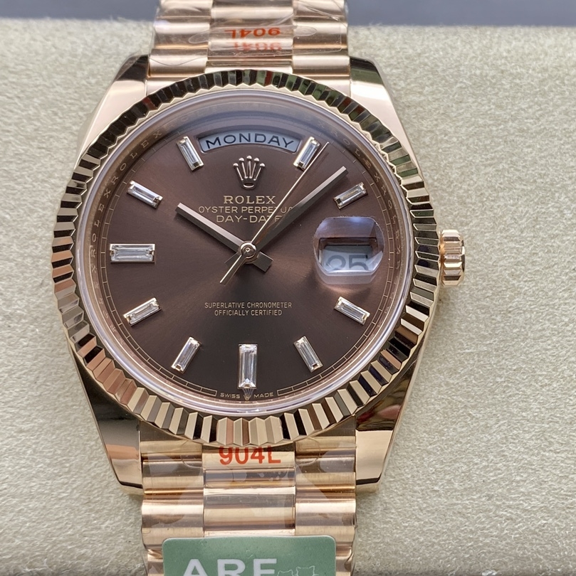 Rolex-DayDate 228235 40mm President Rose Gold Chocolate Brown Dial Baguette Diamonds Markers ARF VR3255 Automatic(Gain Weight)