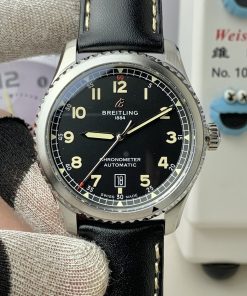 Breitling-Aviator 8 41mm Stainless Steel/Leather Black Dial Numeral Markers Dial TF A2824 Automatic