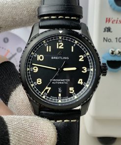Breitling-Aviator 8 41mm DLC/Leather Black Dial Numeral Markers TF A2824 Automatic