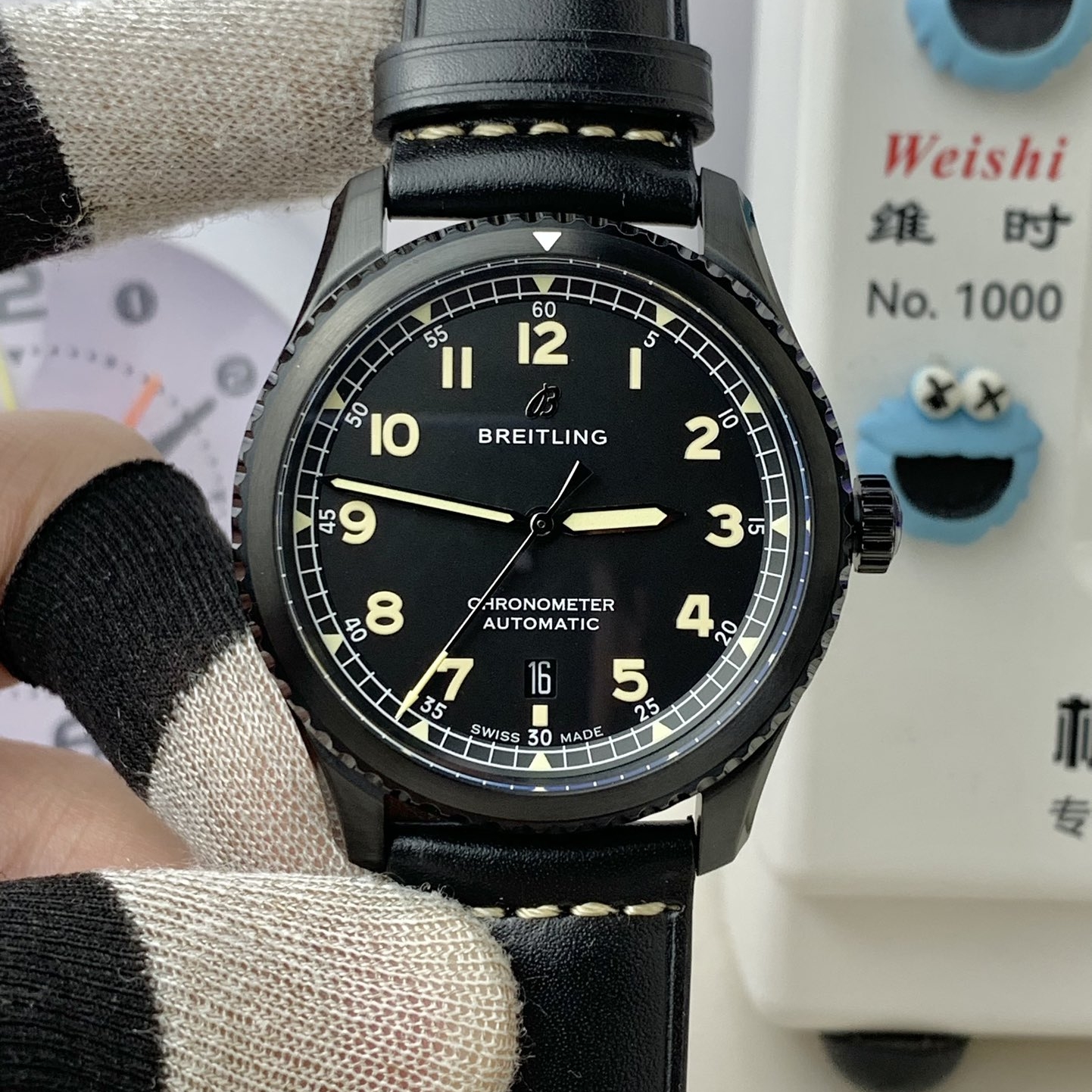 Breitling-Aviator 8 41mm DLC/Leather Black Dial Numeral Markers TF A2824 Automatic