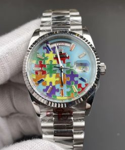 Rolex-DayDate 128239 36mm President Stainless Steel/Steel Jigsaw Puzzle Dial Baguette Diamond Markers CYF A2836 Automatic