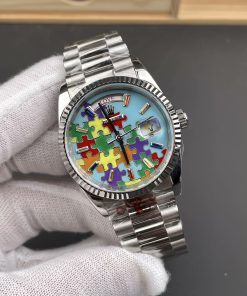 Alternative view of Rolex-DayDate 128239 36mm President Stainless Steel/Steel Jigsaw Puzzle Dial Baguette Diamond Markers CYF A2836 Automatic