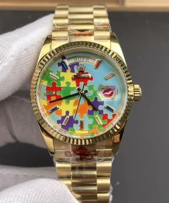 Rolex-DayDate 128233 36mm President Yellow Gold Jigsaw Puzzle Dial Baguette Diamond Markers CYF A2836 Automatic