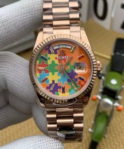 Rolex-DayDate 128235 36mm President Rose Gold Jigsaw Puzzle Dial Baguette Diamond Markers CYF A2836 Automatic