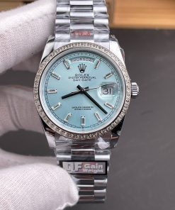 Rolex-DayDate 128396 36mm President Diamonds Stainless Steel/Steel Ice Blue Dial Baguette Markers QF A2836 Automatic(Gain Weight)