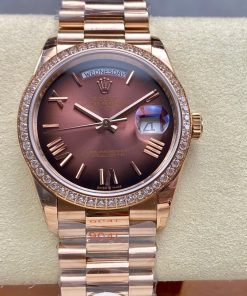 Rolex-DayDate 128345 36mm President Diamonds Rose Gold/Rose Gold Chocolate Brown Dial Roman Markers 8+F VR3255 Automatic