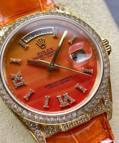 Alternative view of Rolex-DayDate 128348 36mm President Diamonds Yellow Gold/Leather Carnelian Orange Dial Roman Markers 8+F VR3255 Automatic