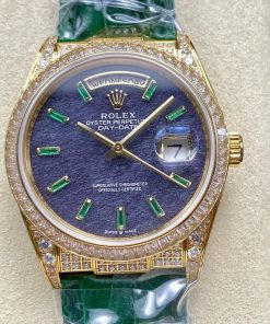Rolex-DayDate 128455 36mm President Diamonds Yellow Gold/YLeather Purple Emerald Dial Baguette Markers 8+F VR3255 Automatic