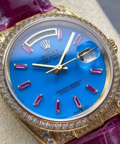 Alternative view of Rolex-DayDate 128458 36mm President Diamonds Yellow Gold/Leather Purple Blue Turquoise Dial Baguette Markers 8+F VR3255 Automatic