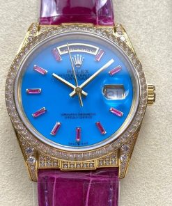 Rolex-DayDate 128458 36mm President Diamonds Yellow Gold/Leather Purple Blue Turquoise Dial Baguette Markers 8+F VR3255 Automatic