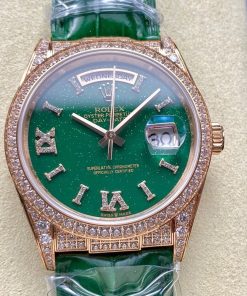 Rolex-DayDate 128235 36mm President Diamonds Rose Gold/Leather Green Aventurine Dial Roman Markers 8+F VR3255 Automatic