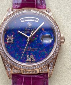 Rolex-DayDate 128235 36mm President Diamonds Rose Gold/Leather Blue Opal Dial Roman Markers 8+F VR3255 Automatic