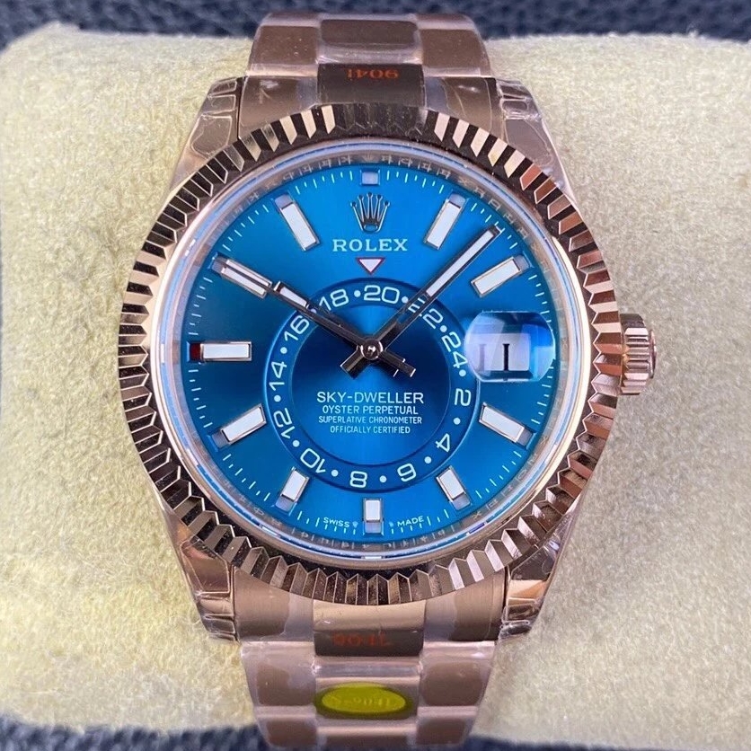 Rolex-SkyDweller 336935 42mm Oyster Rose Gold/Rose Gold Blue Dial Stick Markers FNF A9002 Automatic